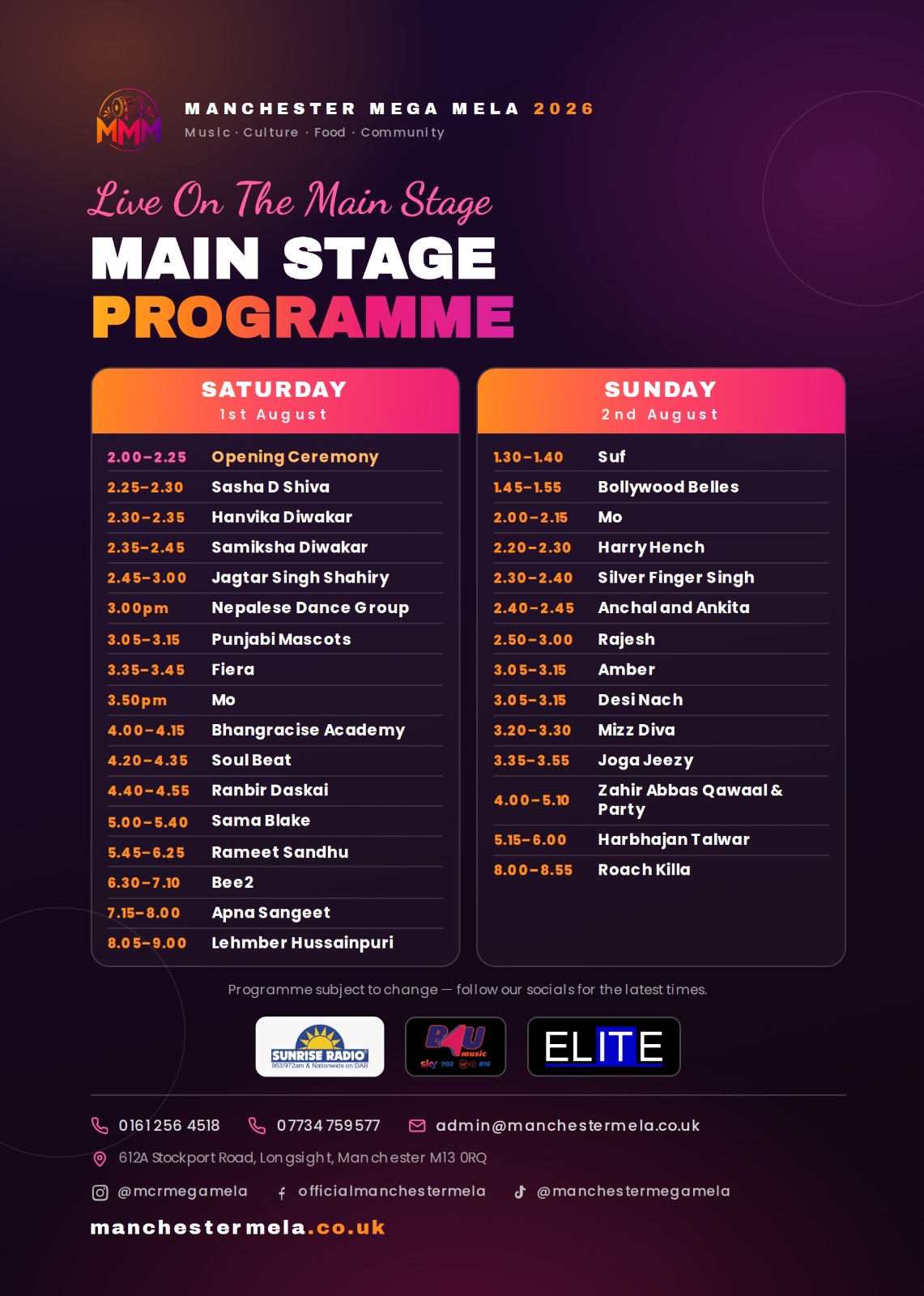 Manchester Mega Mela 2026 Main Stage programme: Saturday and Sunday set times